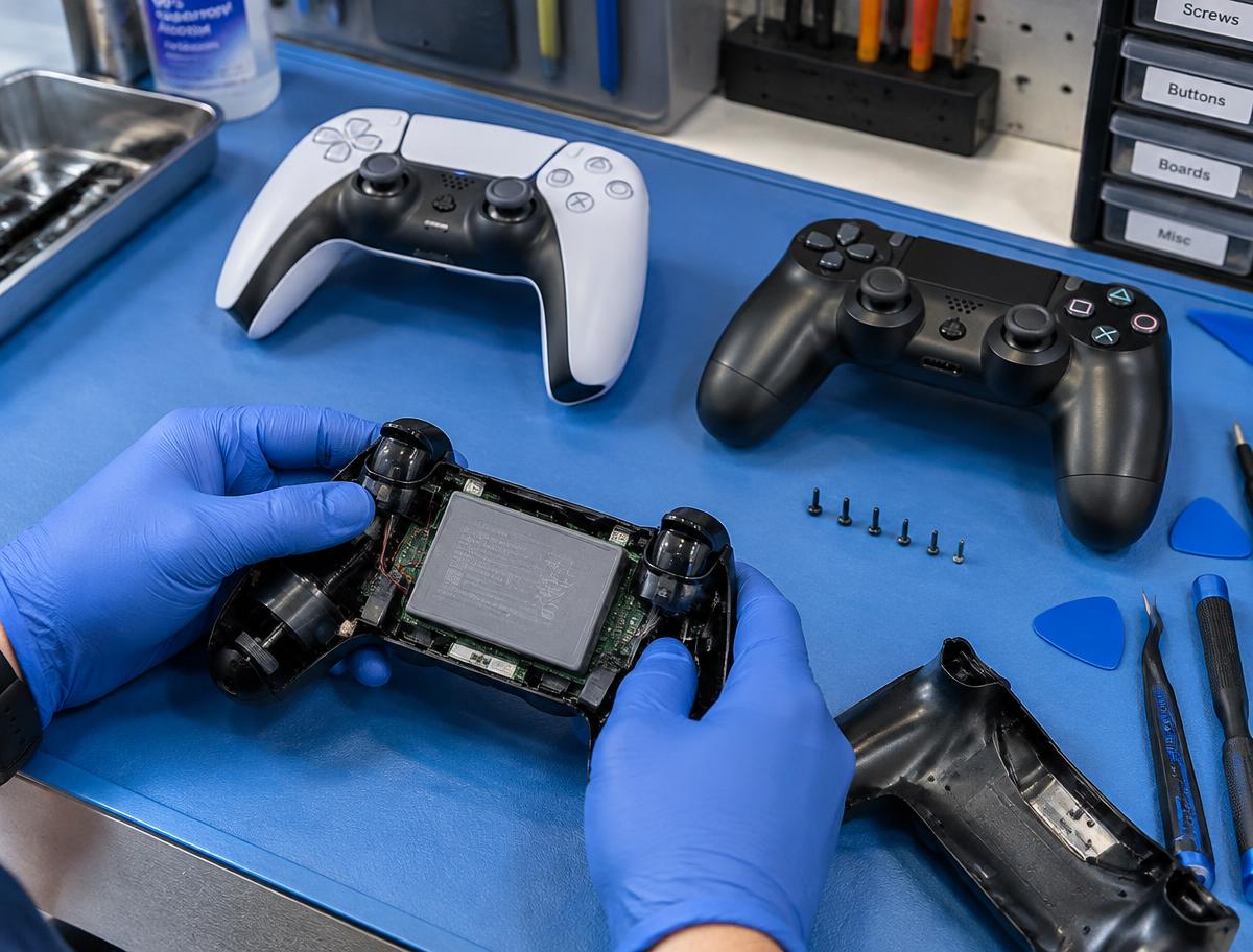 DualSense and DualShock 4 controllers being repaired on an anti-static mat with battery and board exposed