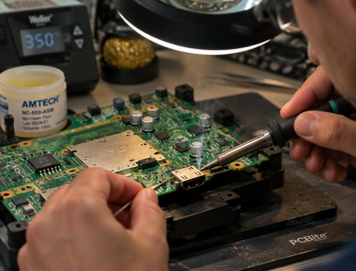 Technician micro-soldering a replacement HDMI port onto a PlayStation console motherboard