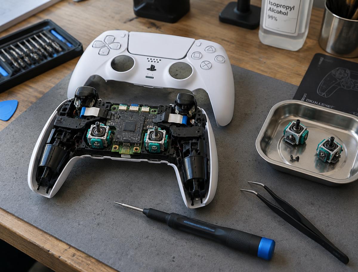 DualSense PlayStation controller opened for stick drift repair, thumbstick modules exposed on the bench